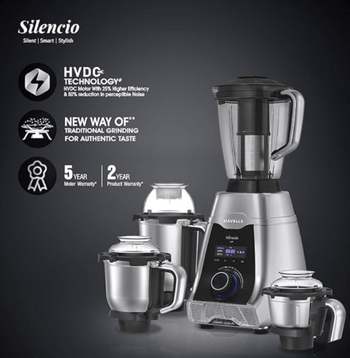 Havells Silencio Lowest Noise 4 Jar Mixer Grinder with HVDC Technology, Slow Speed Grinding, Double Layer Insulated Steel Jar, LED Display/Pre-Set Options & Hands free operation (Grey Black)500 Watts - Image 3